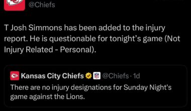 [Chiefs] T Josh Simmons has been added to the injury report. He is questionable for tonight’s game (Not Injury Related - Personal).