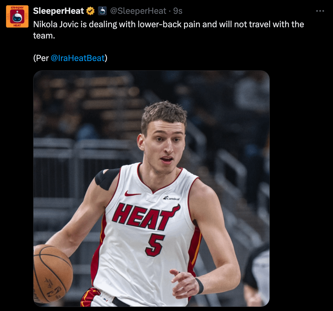 Nikola Jovic is dealing with lower-back pain and will not travel with the team.