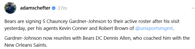 [Schefter] Bears are signing S Chauncey Gardner-Johnson to their active roster after his visit yesterday, per his agents Kevin Conner and Robert Brown of @unisportsmgmt
