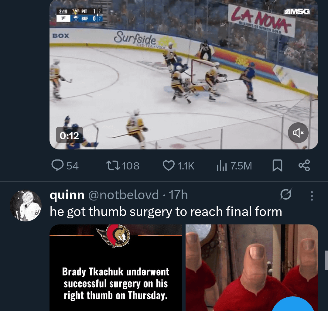 This NHL ad tweet that got served to me today, oof. Bonus Brady Tkachuk thumb joke below too.