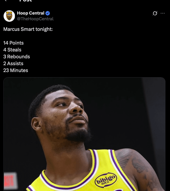 Marcus Smart tonight: 14 Points, 4 steals, 3 rebounds, 2 assists in 23 minutes