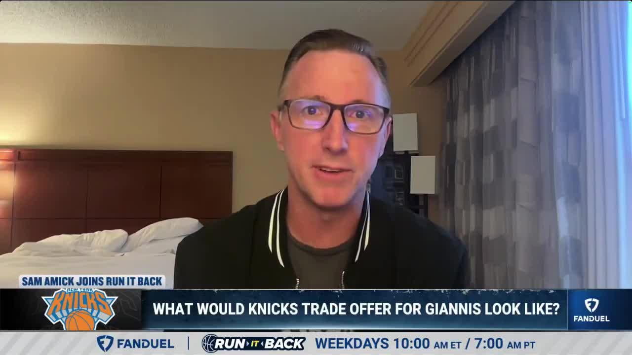 Amick: "New York, it sounds counterintuitive, but they legitimately looked at the Giannis thing and were like were pretty invested in what we have right now..." | Beadle: "hold on, so if they couldve figured out a way, KAT, something— they were like nah we're good?" | Amick: "yeah, yes"