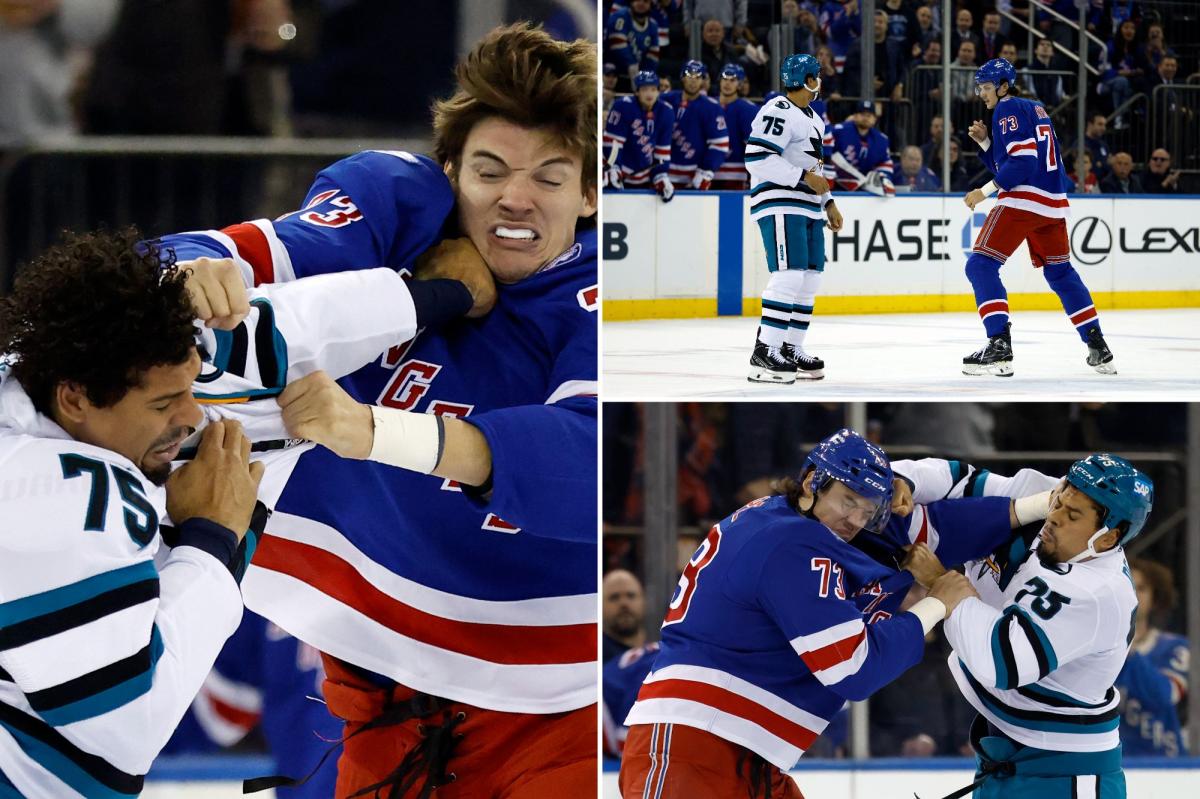 Rangers' Matt Rempe exits after fighting Sharks' Ryan Reaves