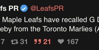 [Leafs PR] The Maple Leafs have recalled G Dennis Hildeby from the Toronto Marlies (AHL).