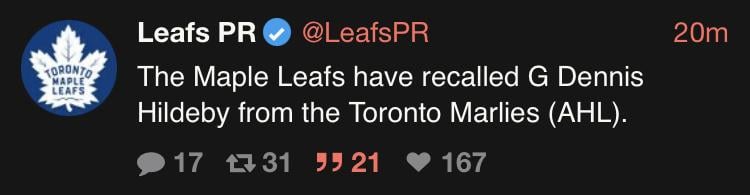 [Leafs PR] The Maple Leafs have recalled G Dennis Hildeby from the Toronto Marlies (AHL).