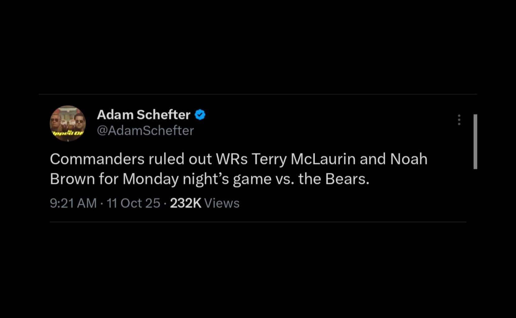 [Adam Schefter] Commanders ruled out WRs Terry McLaurin and Noah Brown for Monday night’s game vs. the Bears.