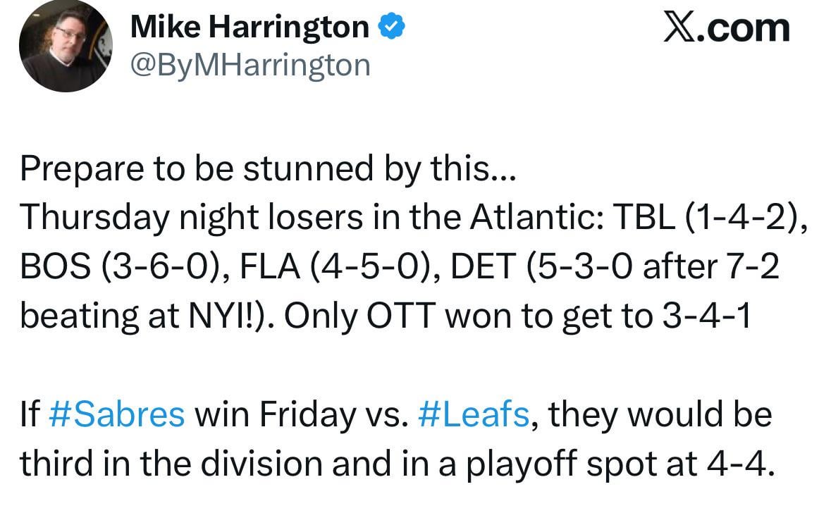 Thursday night losers in the Atlantic: TBL (1-4-2), BOS (3-6-0), FLA (4-5-0), DET (5-3-0 after 7-2 beating at NYI!)[Montreal also lost after tweet]. Only OTT won to get to 3-4-1. If Sabres win Friday vs. Leafs, they would be third in the division and in a playoff spot at 4-4.