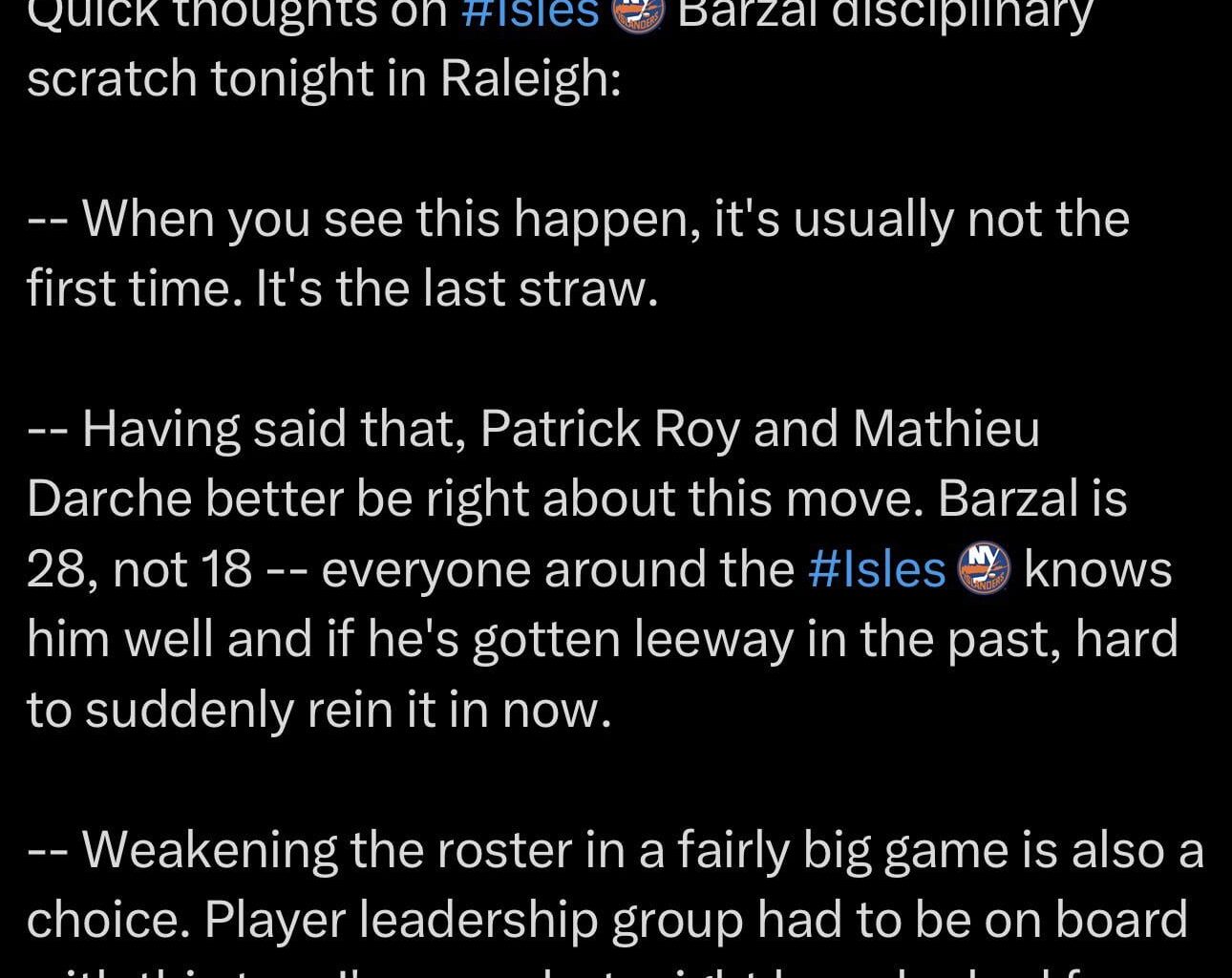 Potential insight into Barzal decision