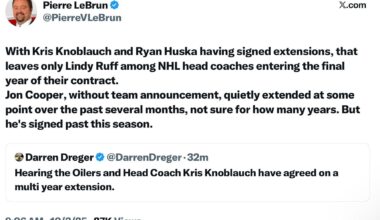 [LeBrun] With Kris Knoblauch and Ryan Huska having signed extensions, that leaves only Lindy Ruff among NHL head coaches entering the final year of their contract.
