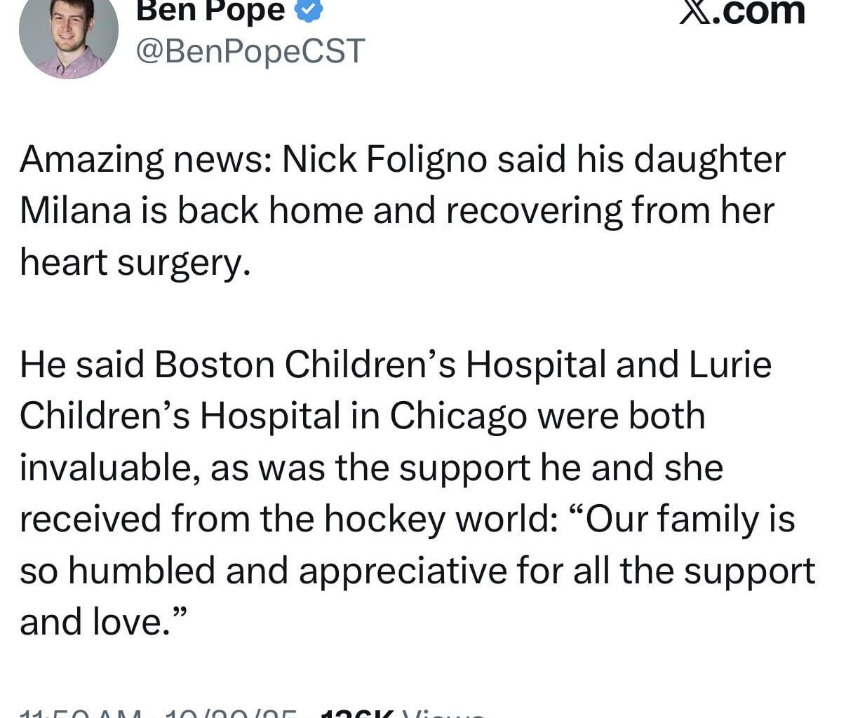 Nick Foligno’s daughter is back home & recovering, per Ben Pope on X
