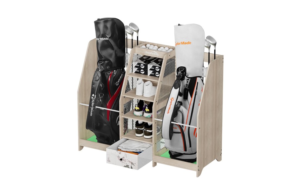 A rack filled with golf clubs and bags