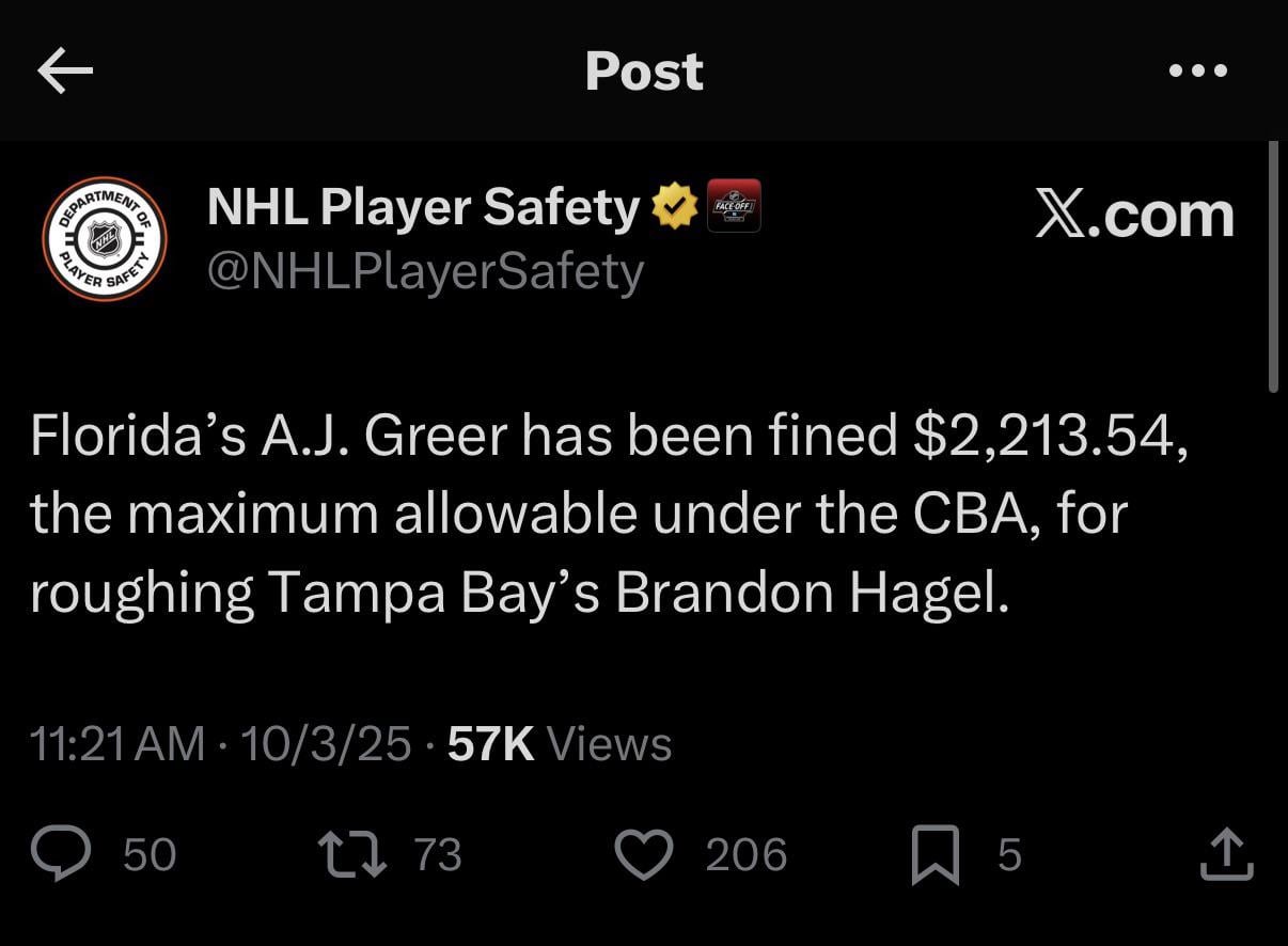 Greer's $$$ fine for roughing Hagel.