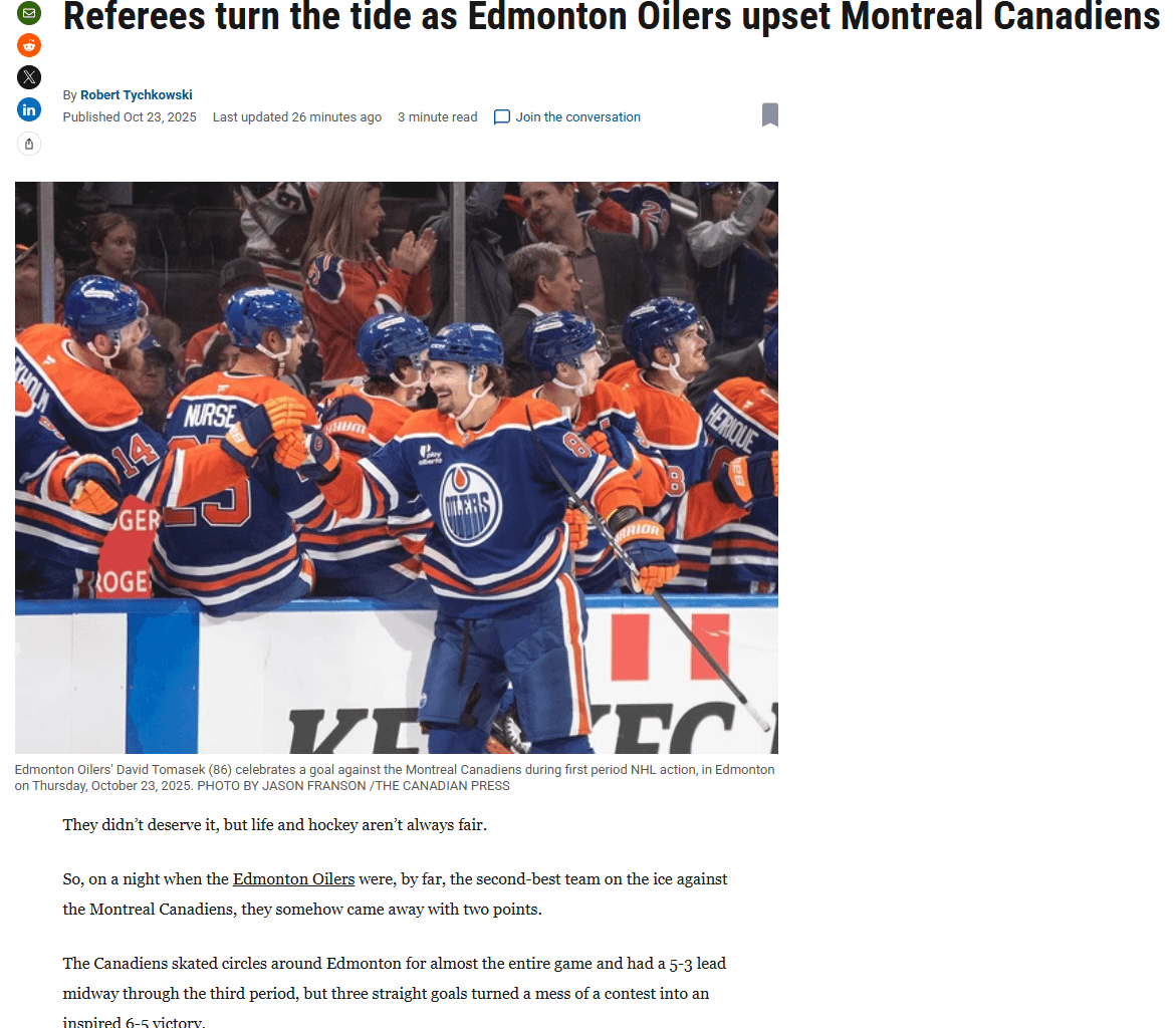 You know it’s bad when even the Edmonton Journal admits the refs were awful — and their team got the calls.