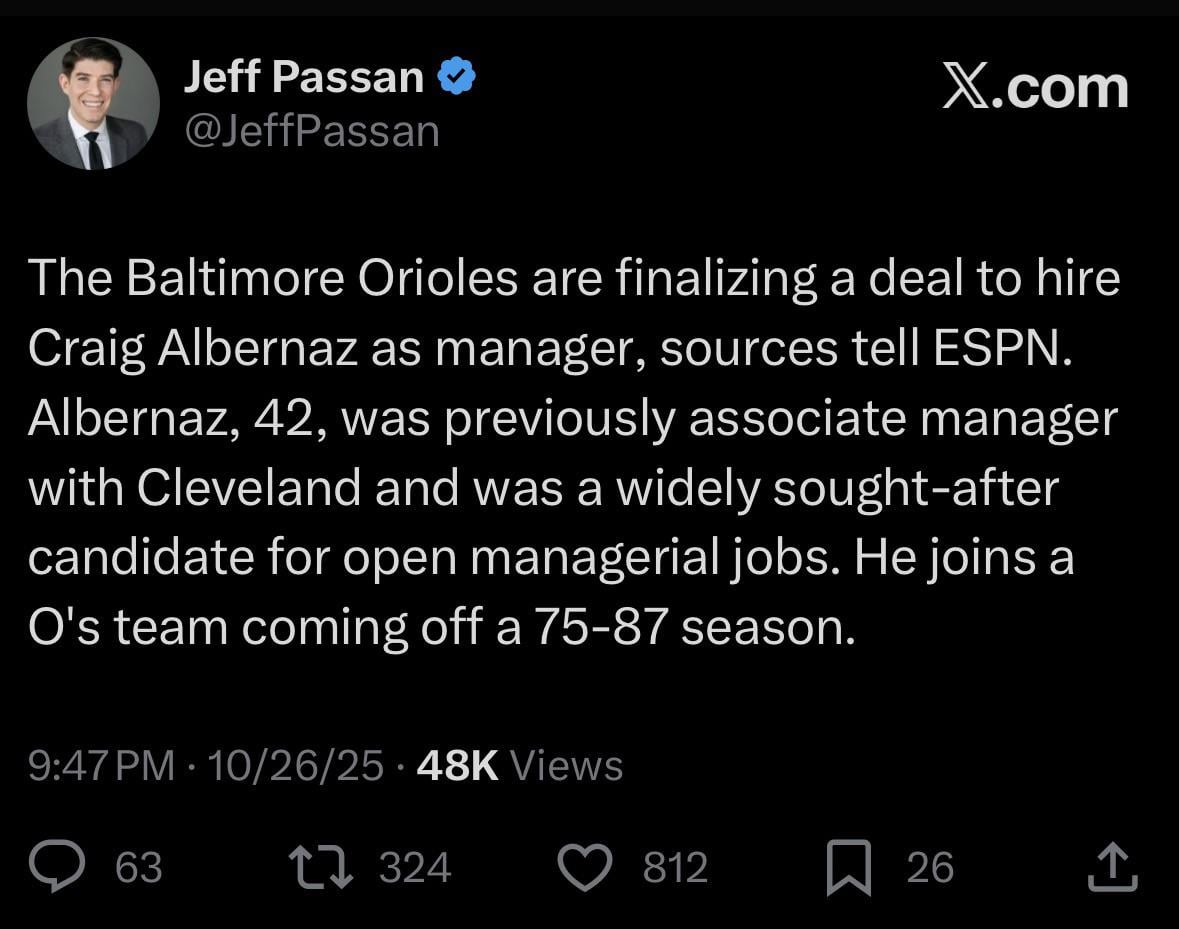 [Passan] Baltimore Orioles are finalizing a deal to hire Craig Albernaz as manager