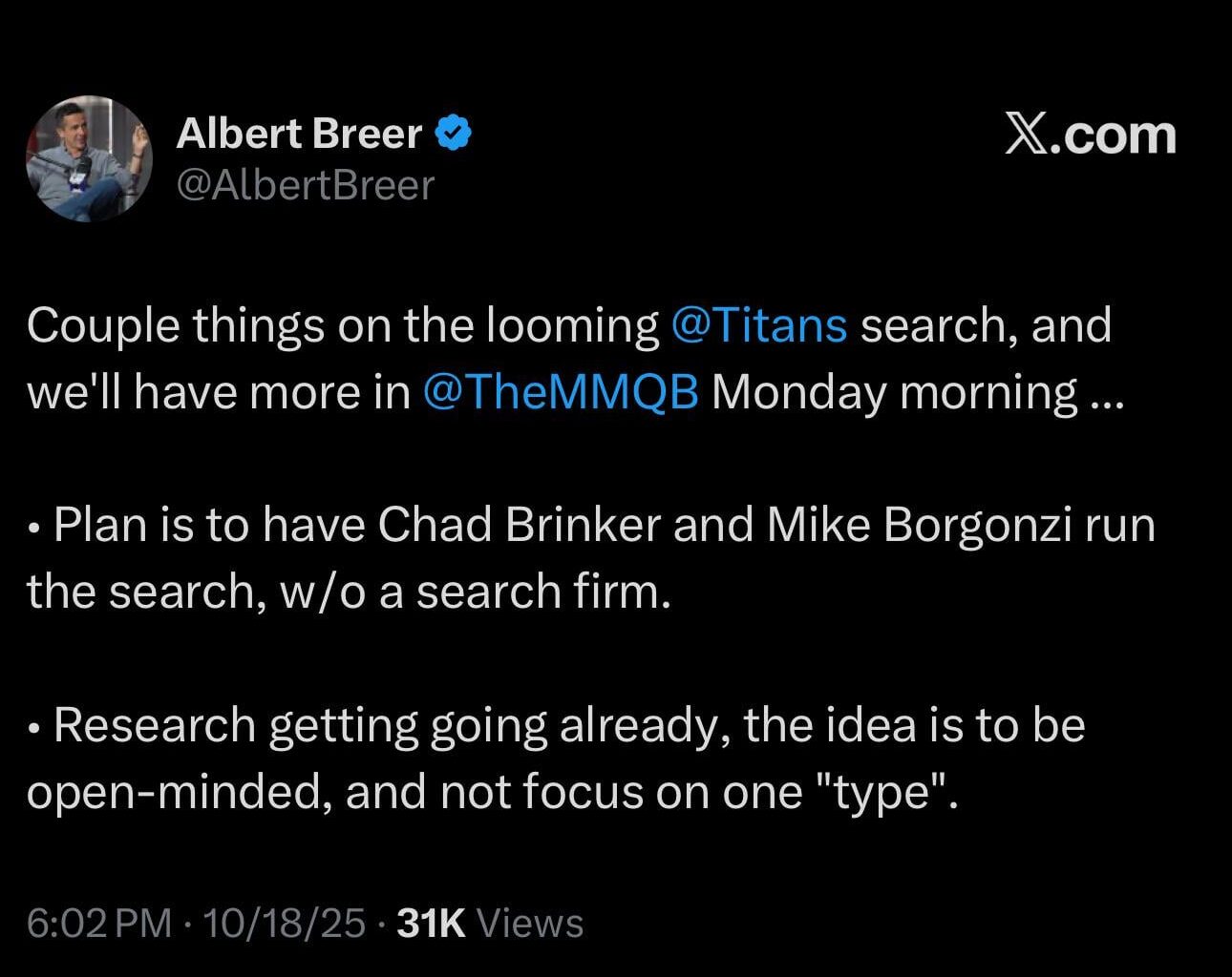 Albert Breer with a few notes on Titans’ impending coaching search