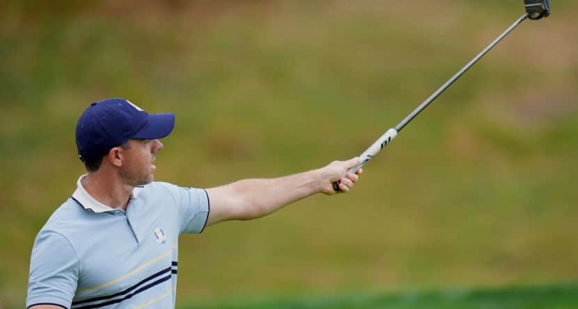 Europe's Rory McIlroy celebrates after a putt on the fifth hole at Bethpage Black golf course during the Ryder Cup golf tournament, Friday, Sept. 26, 2025, in Farmingdale, N.Y. (AP Photo/Seth Wenig)