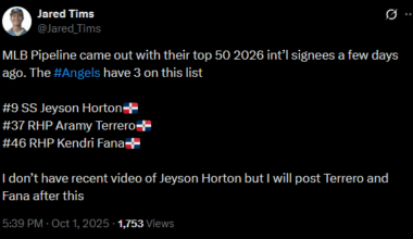 [Jared Tims] MLB Pipeline came out with their top 50 2026 int’l signees a few days ago. The #Angels have 3 on this list