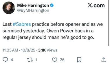 Last #Sabres practice before opener and as we surmised yesterday, Owen Power back in a regular jersey should mean he’s good to go.