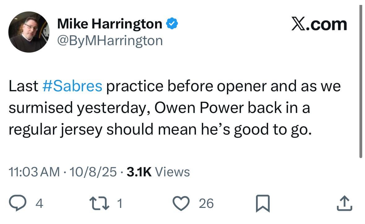Last #Sabres practice before opener and as we surmised yesterday, Owen Power back in a regular jersey should mean he’s good to go.