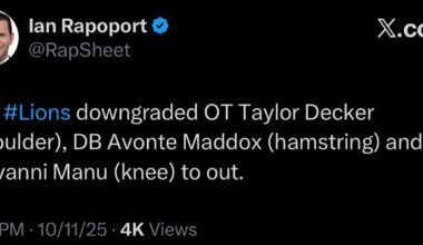 [Rapoport] The #Lions downgraded OT Taylor Decker (shoulder), DB Avonte Maddox (hamstring) and OL Giovanni Manu (knee) to out.