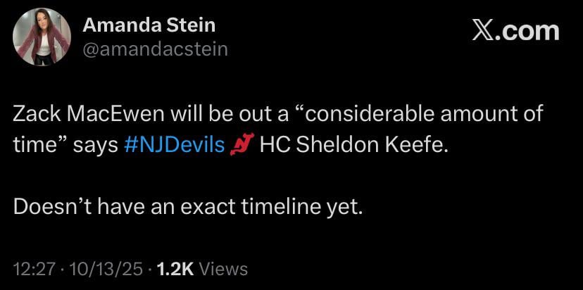 Sheldon Keefe: Zack MacEwen will be out a “considerable amount of time”. No exact timeline yet.
