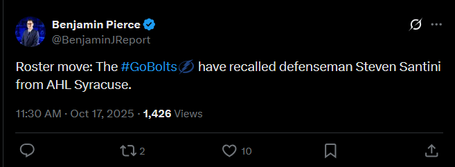 Roster move: The #GoBolts have recalled defenseman Steven Santini from AHL Syracuse.