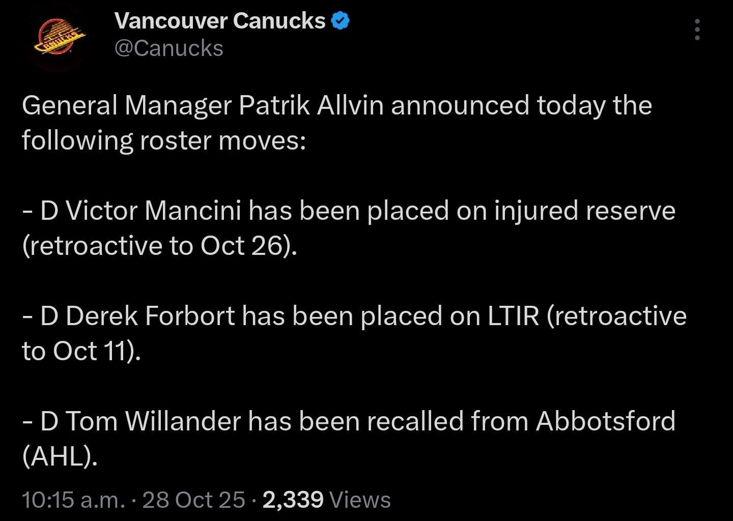 Mancini placed on IR, Forbort on LTIR, Willander called up @Canucks [X/Twitter]