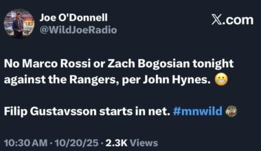No Marco Rossi or Zach Bogosian tonight against the Rangers, per John Hynes.