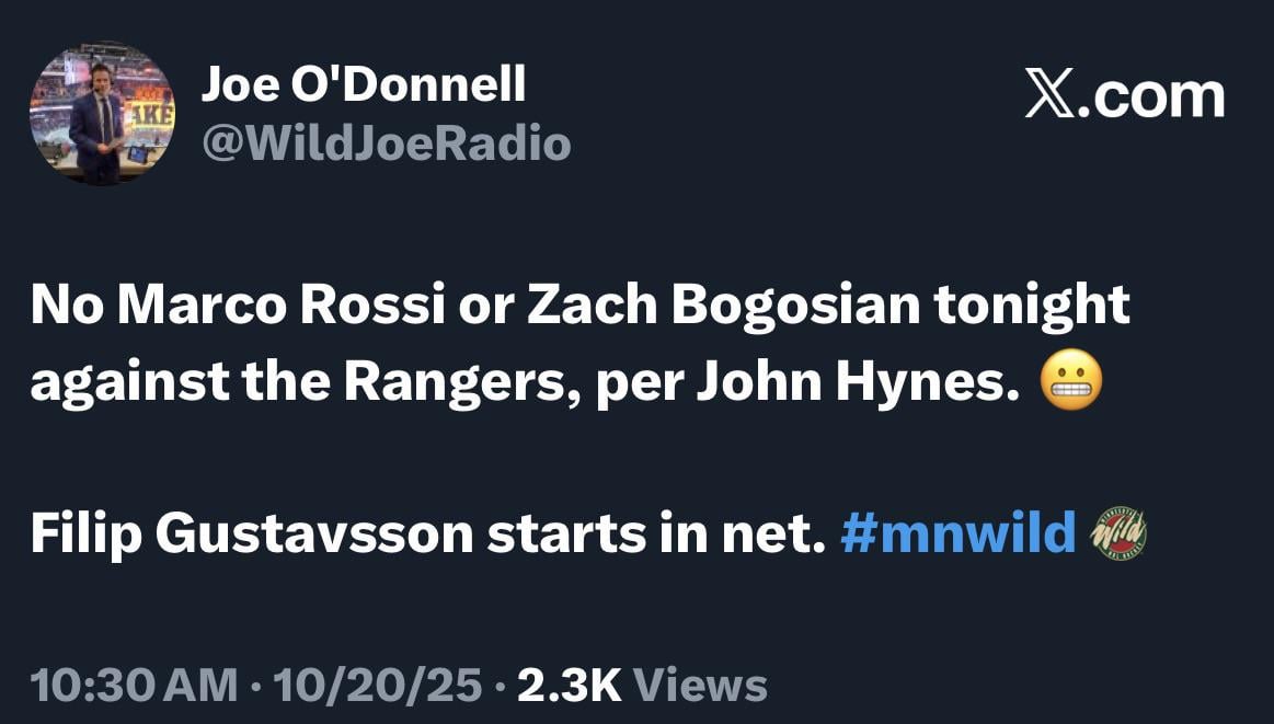 No Marco Rossi or Zach Bogosian tonight against the Rangers, per John Hynes.