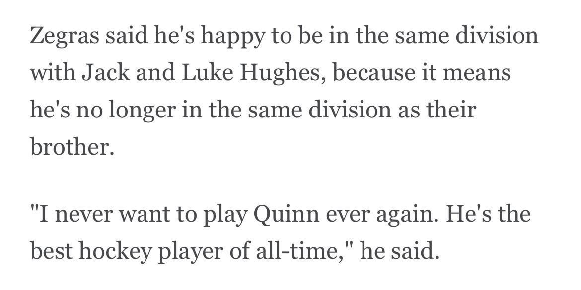 Zegras on not playing in the same division as Quinn Hughes