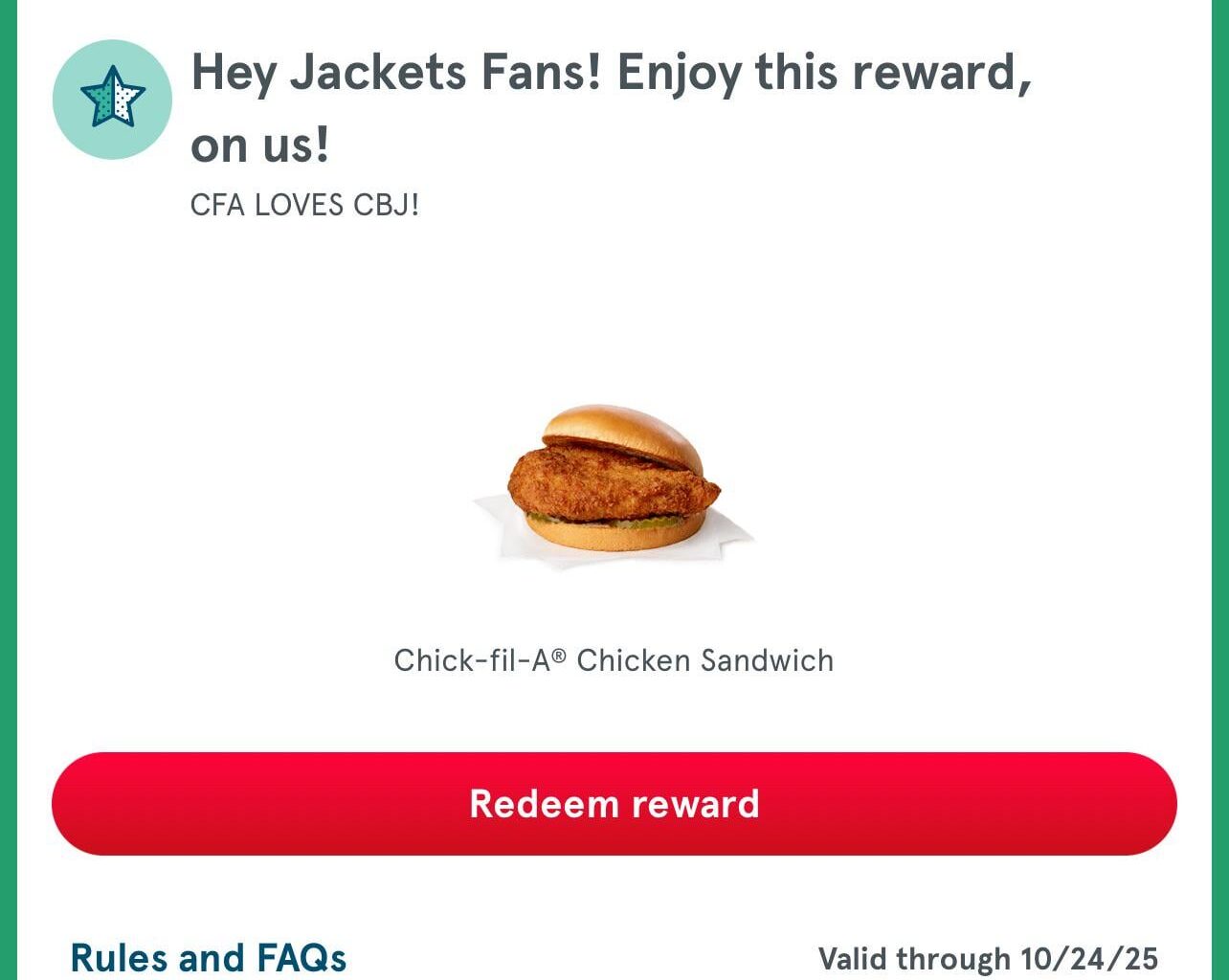 FREE Chick-Fil-A SANDWICH UNTIL 10/24 for CFA x CBJ
