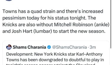 [Charania] New York Knicks star Karl-Anthony Towns has been downgraded to doubtful to play in tonight's season opener against the Cleveland Cavaliers, sources tell ESPN.
