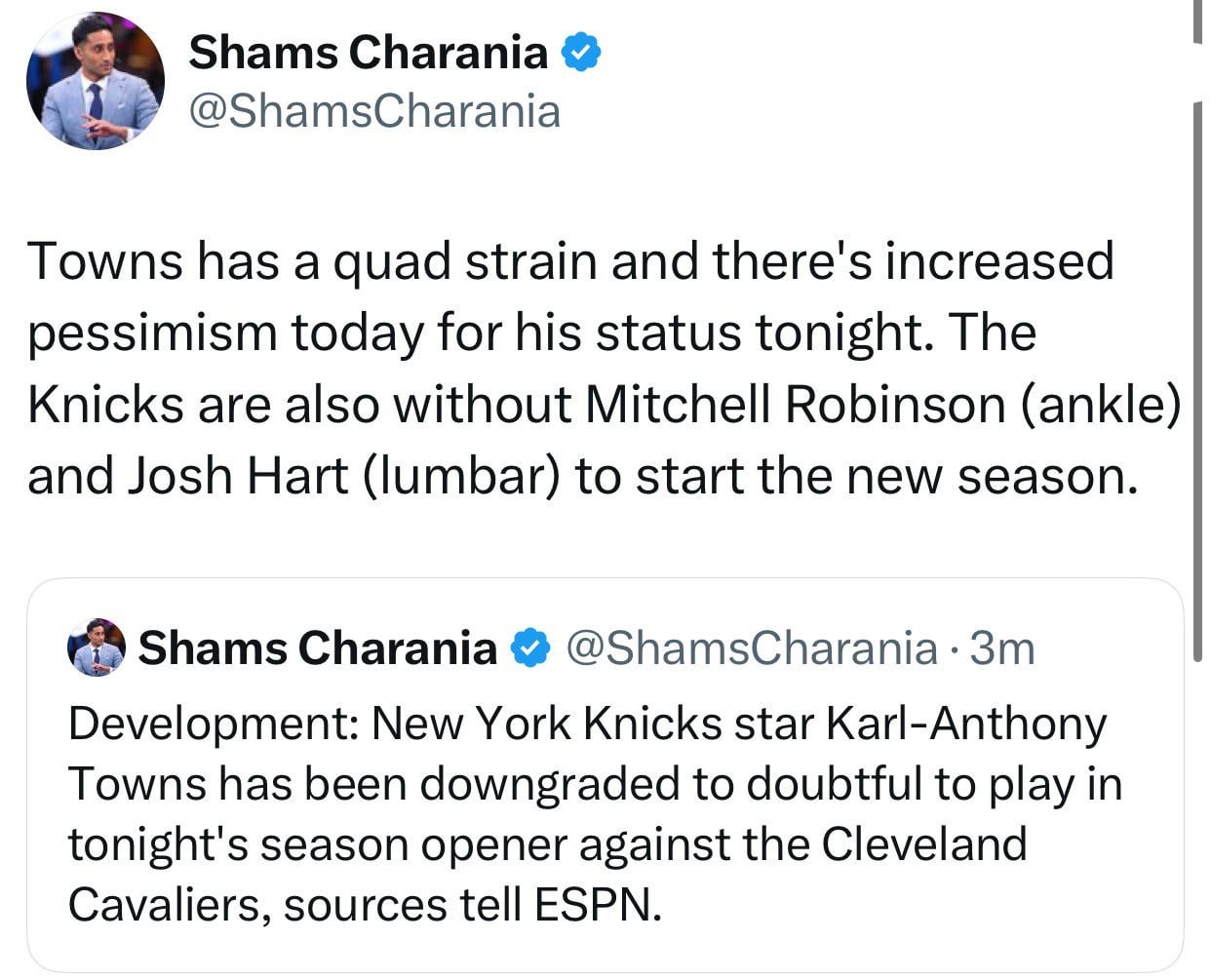 [Charania] New York Knicks star Karl-Anthony Towns has been downgraded to doubtful to play in tonight's season opener against the Cleveland Cavaliers, sources tell ESPN.