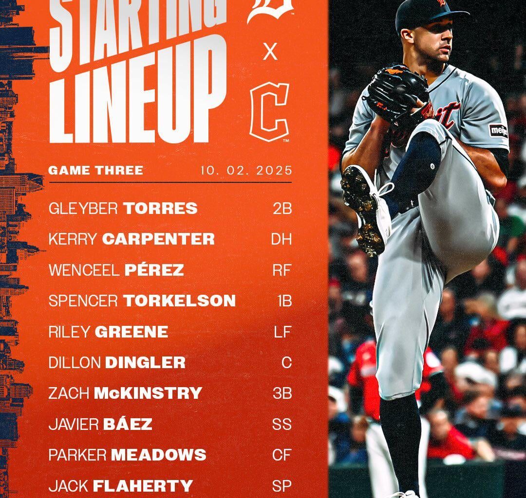 Detroit Tigers’ starting lineup for today’s deciding game 3 against the Cleveland Guardians!