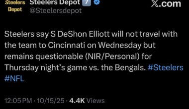 DeShon Elliott will not travel with the team to Cincinnati and questionable for tomorrow nights game
