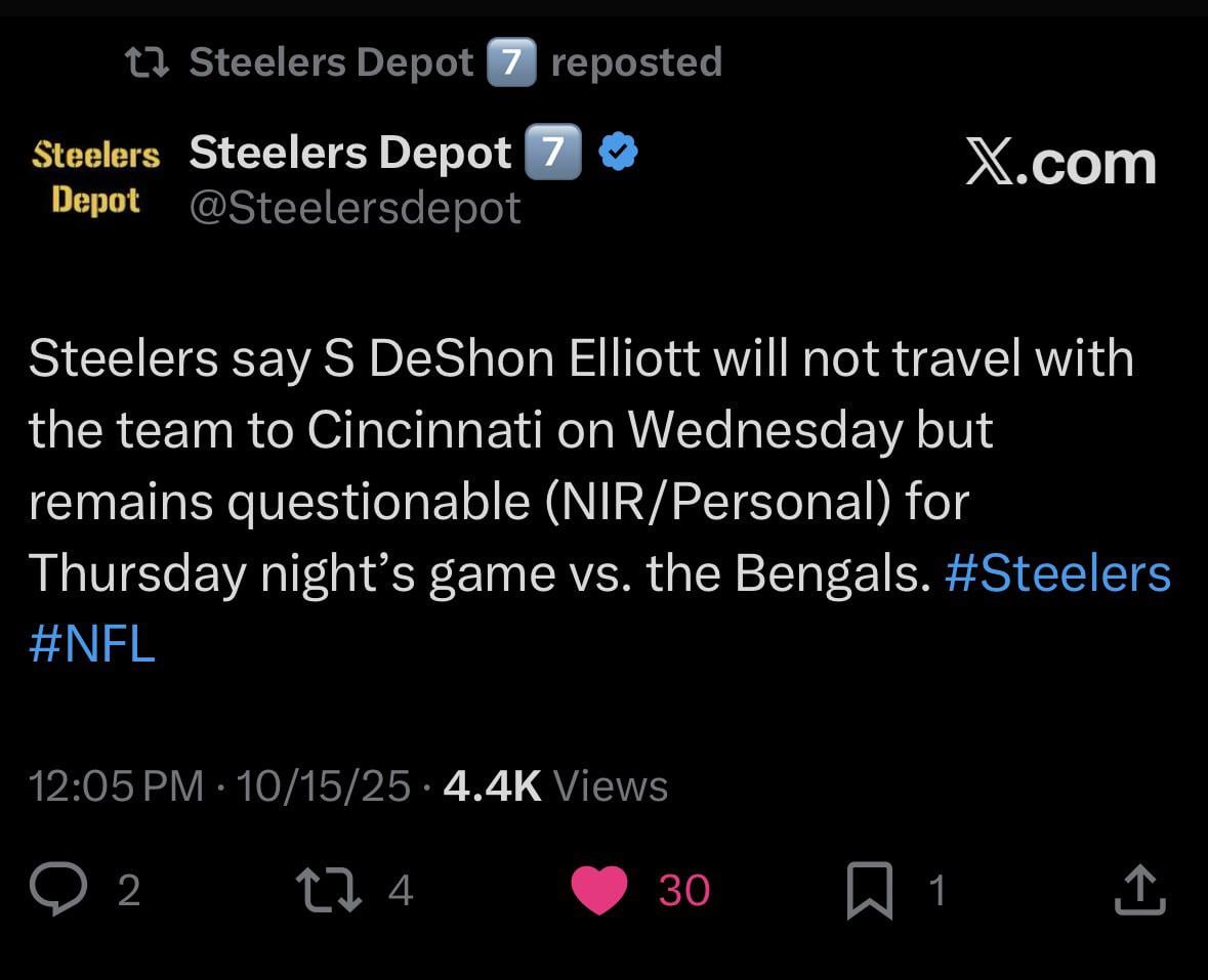 DeShon Elliott will not travel with the team to Cincinnati and questionable for tomorrow nights game