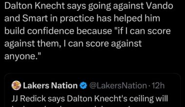[LakersNation] Dalton Knecht says going against Vando and Smart in practice has helped him build confidence because “if I can score against them, I can score against anyone”