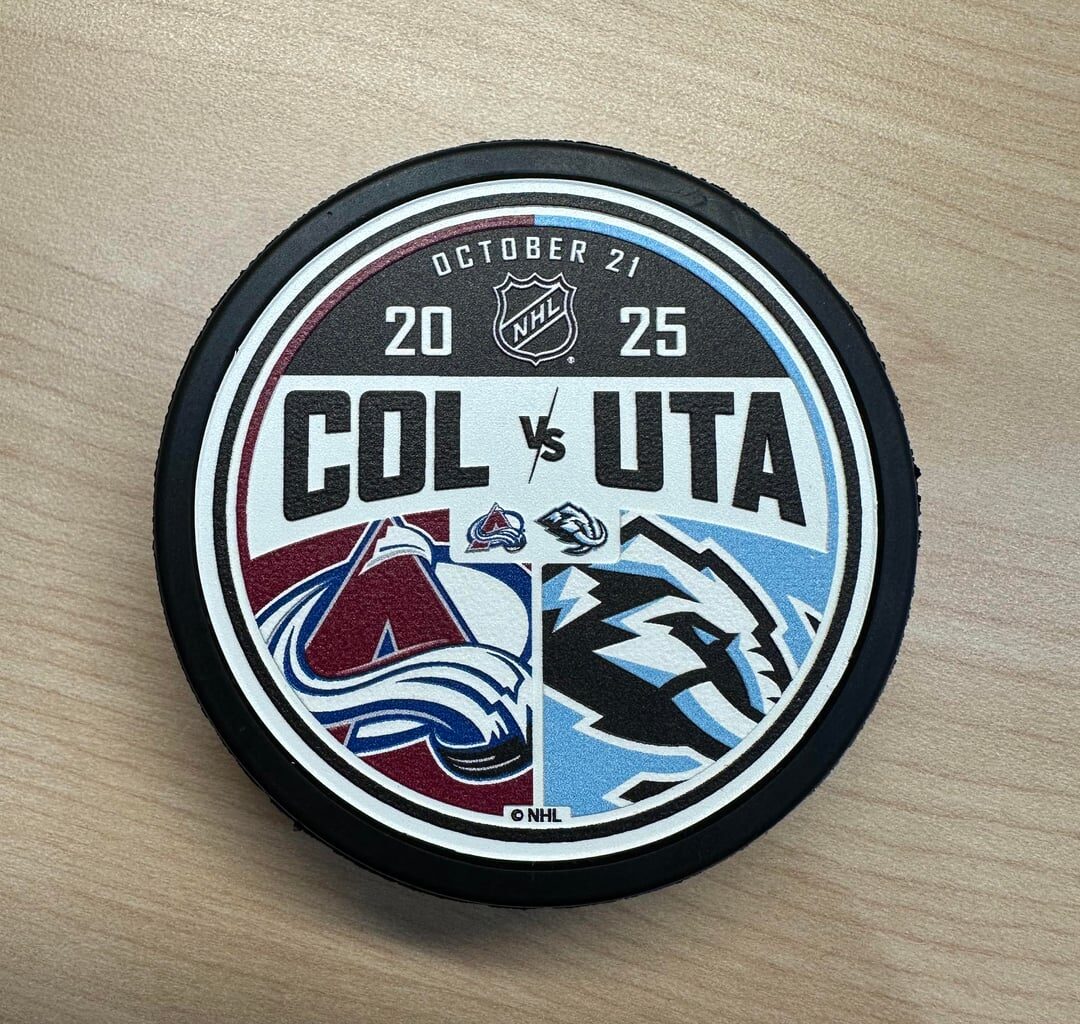 Game day puck from Avs vs Mammoths