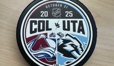 Game day puck from Avs vs Mammoths