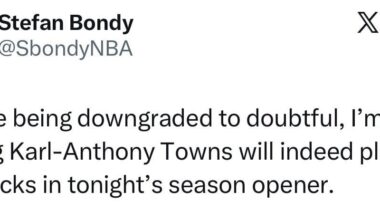 [Bondy] Despite being downgraded to doubtful, I’m hearing Karl-Anthony Towns will indeed play for the Knicks in tonight’s season opener.