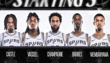 The starting five against Dallas Mavericks: Wembanyama, Castle, Vassell, Champagnie, Barnes