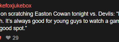 [Fox] Craig Berube on scratching Easton Cowan tonight vs. Devils: “He needs a reset, get a game to watch. It’s always good for young guys to watch a game at some point. But Cowan’s in a good spot.”