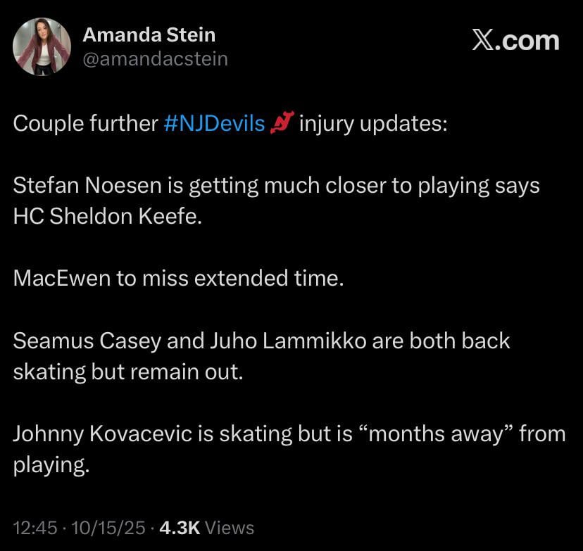 More Injury Updates Per Amanda Stein (10/15/25)