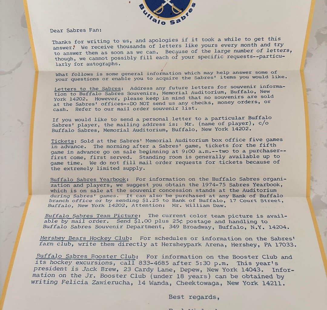 Sabres Letter from 1974