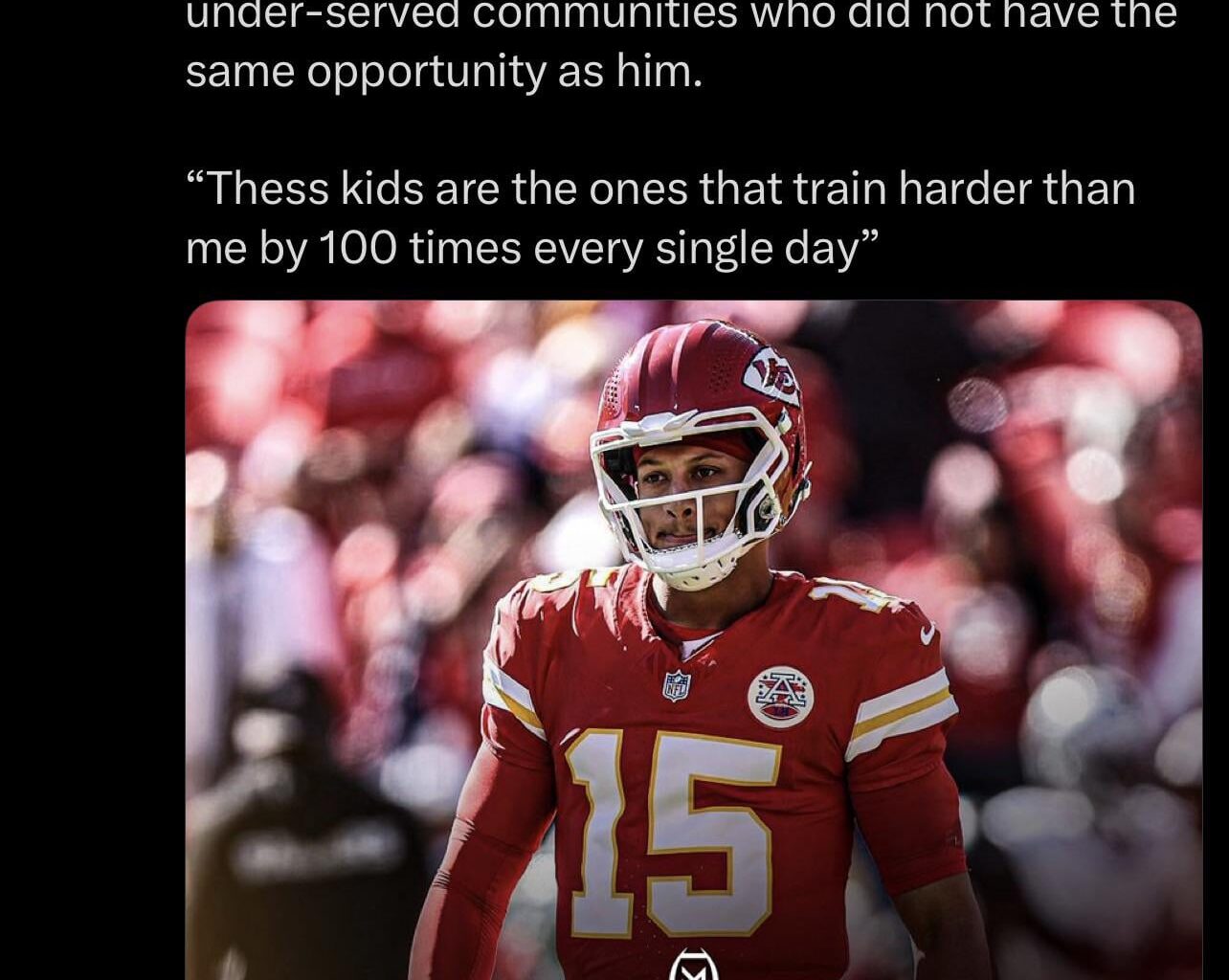 [MFL Football] Class Act: Chiefs QB Patrick Mahomes donates $1500 for every touchdown he scores. Mahomes donates the money two (should be to) kids from under-served communities who did not have the same opportunity as him.