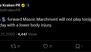 Mason Marchment is out of today's game due to a lower body injury, and is day to day