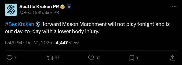 Mason Marchment is out of today's game due to a lower body injury, and is day to day