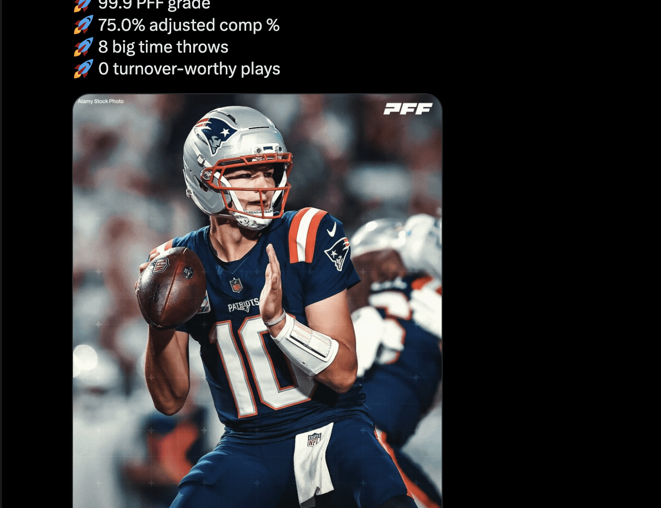 Drake Maye has a 99.9 PFF grade on deep throws this season 🤯