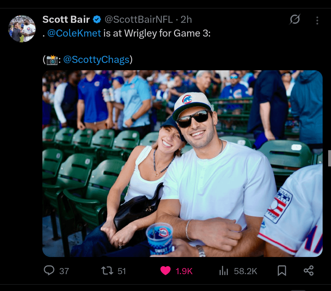 [Scott Bair]. @ColeKmet is at Wrigley for Game 3