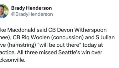 [Henderson] Mike Macdonald said CB Devon Witherspoon (knee), CB Riq Woolen (concussion) and S Julian Love (hamstring) "will be out there" today at practice. All three missed Seattle's win over Jacksonville.